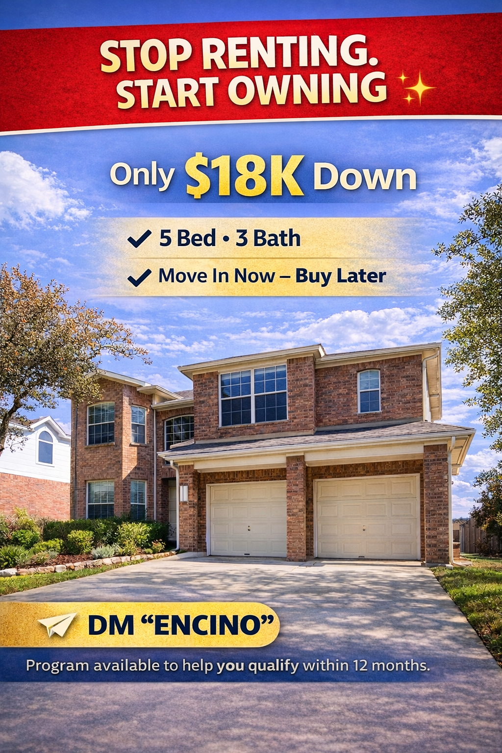 ✨ Beautiful 5BR Home with Balcony in Gated Encino Rio – Lease Option! 🏡